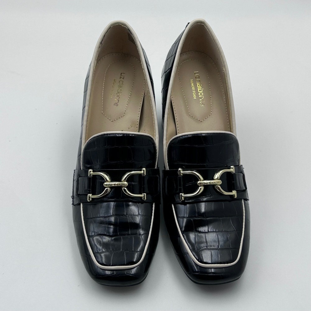 Liz Claiborne Heeled Loafers 7 Black Croc Embossed Horsebit Preppy Officecore - Picture 4 of 10